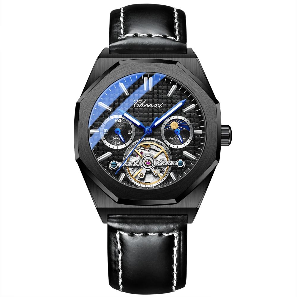 CHENXI Octagon Роскошные Кожаные Мужские Часы Полые Турбийон Механические Часы Звездные Лунные Фазы Светящиеся Автоматические Наручные Часы чёрный