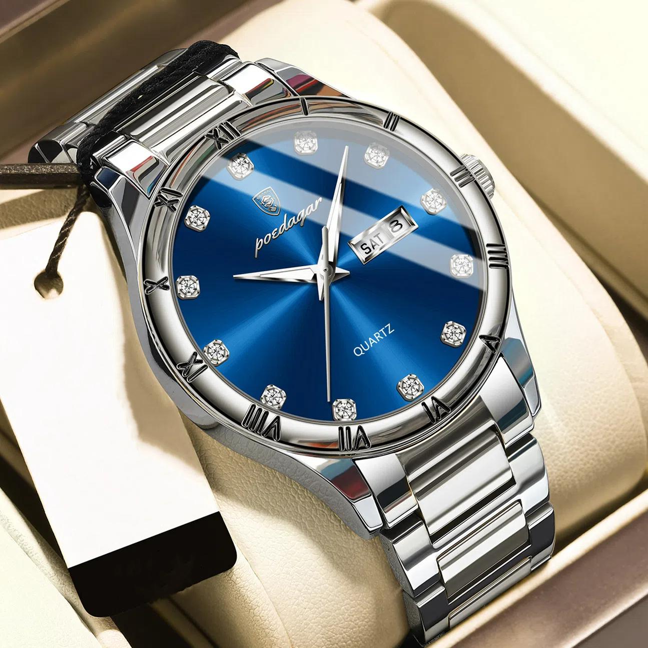 POEDAGAR Luxury Men s Quartz Watch Date Week Waterproof Luminous Man Watch Stainless Steel Casual Fashion Watches For Men серебряный/синий