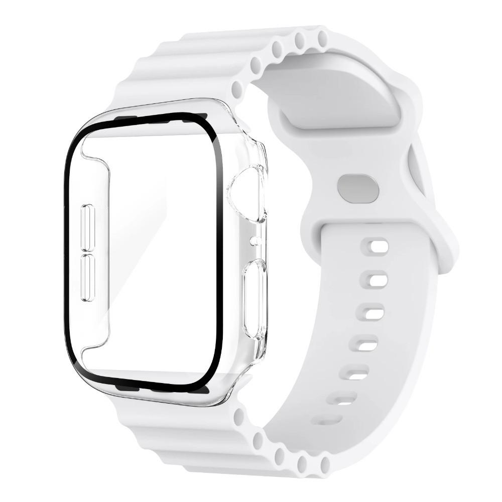 Стеклянный корпус + силиконовый ремешок для Apple Watch 38 мм 42 мм 40 мм 44 мм 41 мм 45 мм 46 мм Ремешок для iwatch 11 10 9 8 7 6 5 4 3 2 1 SE Браслет 40mm (Series 654SE) белый Aura Living