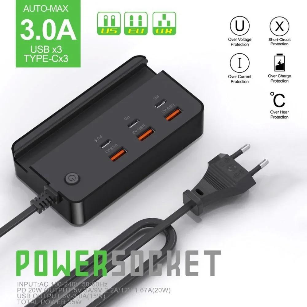 USB Type C телефон зарядное гнездо 35 Вт 6 портов быстрая зарядка настольный удлинитель с держателем телефона для iPhone Samsung Xiaomi 3USB 3PD EU Black black YTO phone case