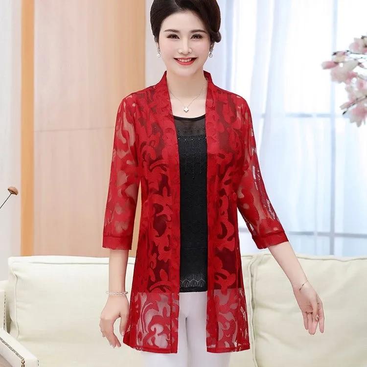 WTEMPO XL-4XL, весна-лето, солнцезащитный крем, кружевные кардиганы, сетчатые шали, женские рубашки с кондиционером, свободные универсальные пальто больших размеров XL красный