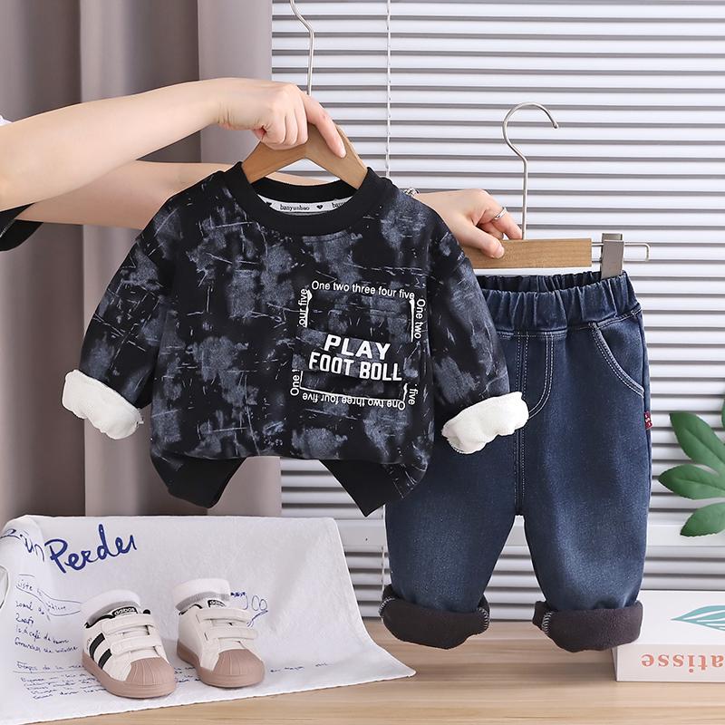 Комплект из 2 предметов с длинным рукавом для мальчиков, 0-5 лет Детская флисовая толстовка с английским принтом + джинсовые брюки S чёрный JQT Kids