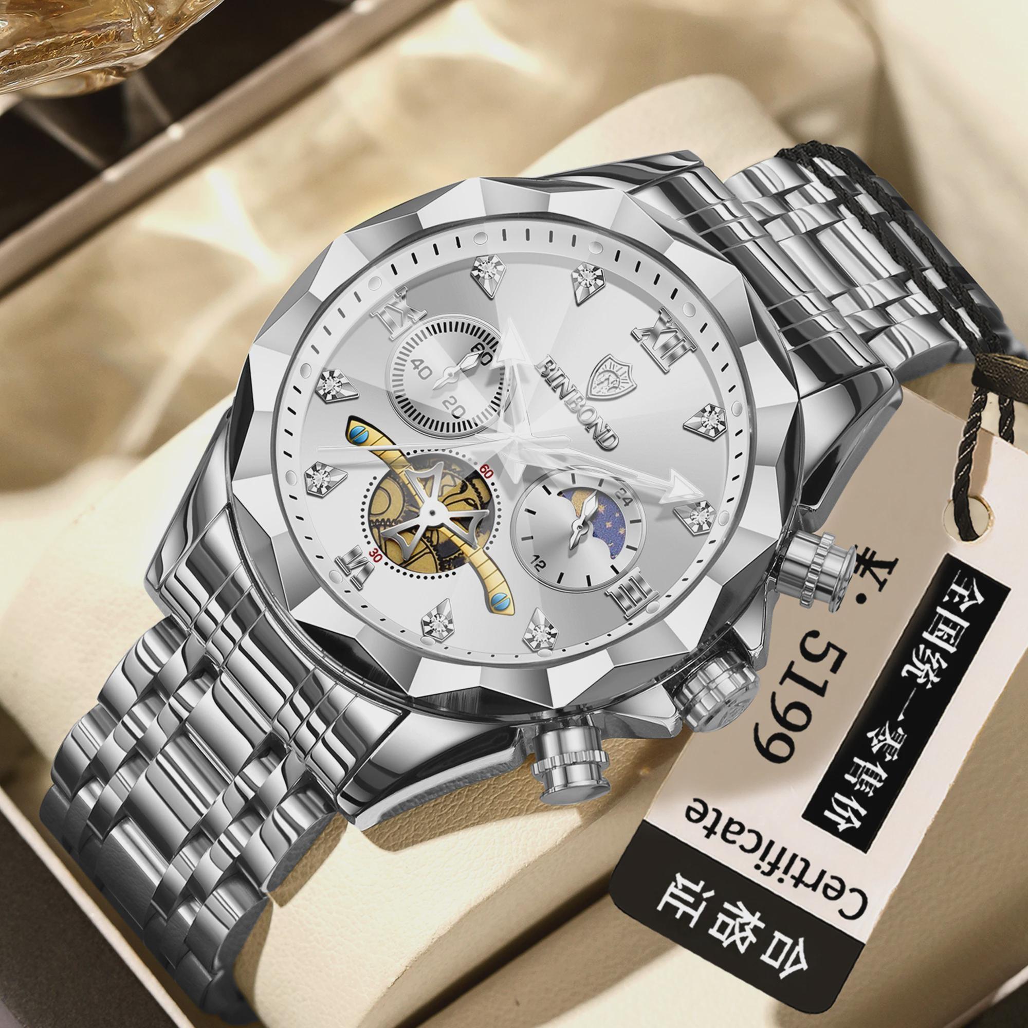 BINBOND Luxury Men Watch Top Original Waterproof Luminous Chronograph Man Wristwatch Stainless Steel Quartz Watches серебряный/белый