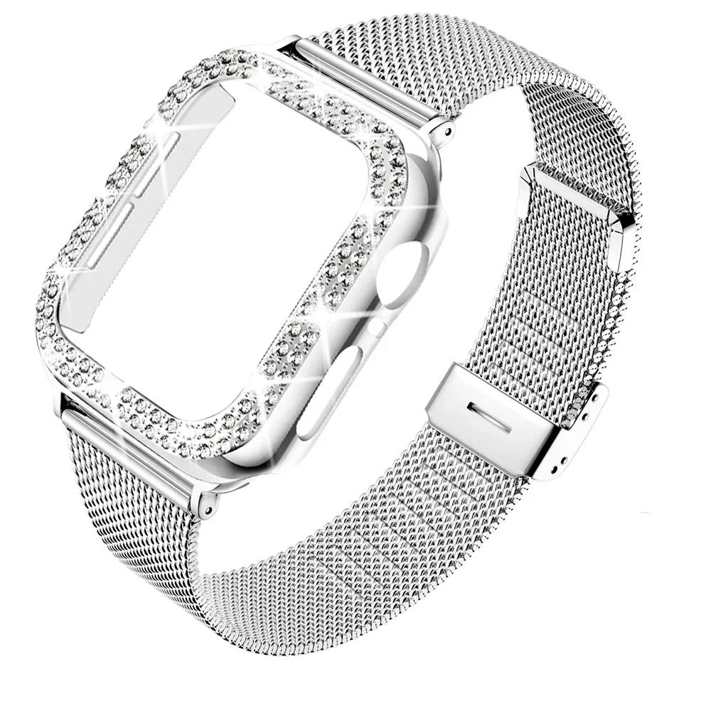 Алмазный Чехол+Металлический Ремешок Для iWatch Ultra 2 Ремешок 49мм 41мм 40мм Браслет из Нержавеющей Стали Для Apple Watch 9 8 7 45мм 44мм 42мм 49mm серебряный Bag In Love