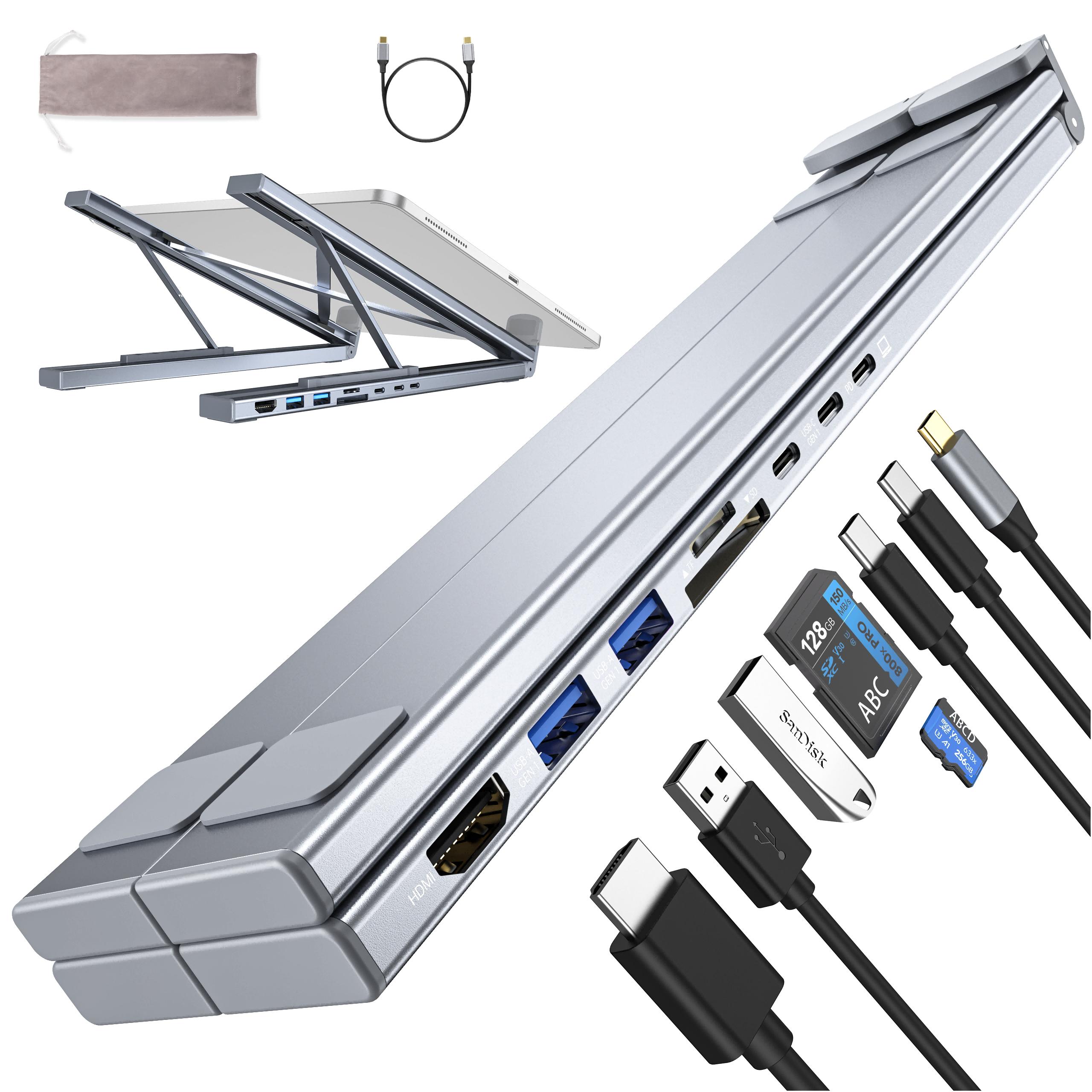 8-в-1 Подставка для ноутбука USB-C с док-станцией Универсальная док-станция USB C Подставка для планшета Складные хабы Type-C Адаптер Plug Play серебряный ZJM Mall