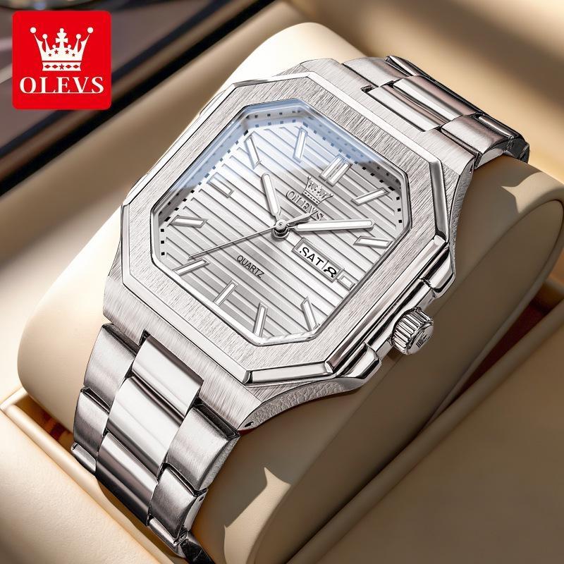 OLEVS Watch Luxury Man Original Square Quartz Watch Stainless Steel Waterproof Luminous Week Date Watches For Man белый