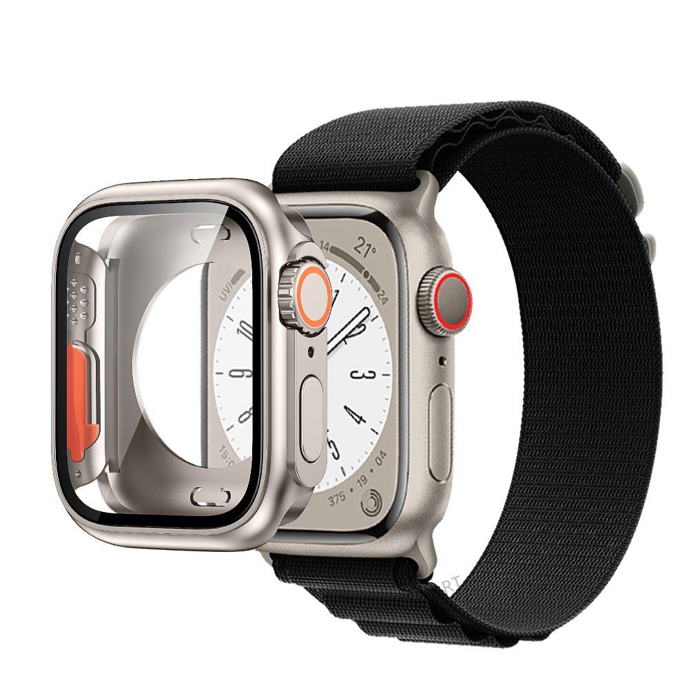 Стеклянный чехол, нейлоновый ремешок для Apple Watch 44 мм, 45 мм, 40 мм, 41 мм, чехол + ремешок, защитная пленка для экрана, IWatch Series 56 Se 7 8, переход на Ultra 45mm gray A-LING.