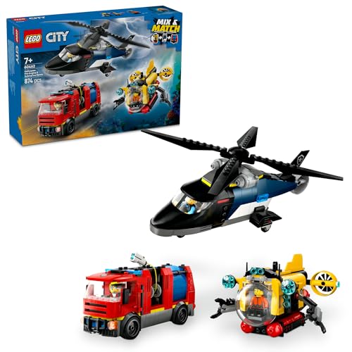 Комбо-набор LEGO City: Вертолет, Пожарная машина и Подводная лодка, Подарок на день рождения, Строительные блоки, Мальчики и девочки, Возраст 7, 8 и 9 лет, Ролевые игры, Транспортные средства, М black RURI Japan product