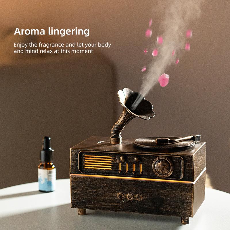 Vintage Bronze Gramophone Diffuser, Bluetooth Speaker Humidifier, 7 Color Light Remote Timing Aroma Mist Maker brown Joyful time