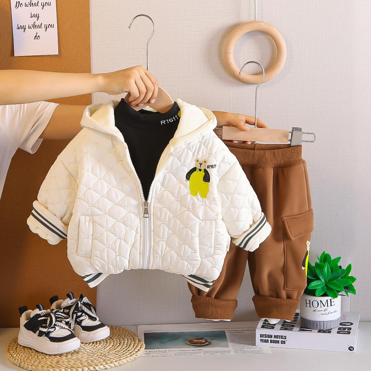 Комплект из 3 предметов с длинным рукавом для мальчиков 0-5 лет, Детский зимний велюровый теплый хлопковый костюм, Куртка с принтом плюшевого мишки S бежевый JQT Kids