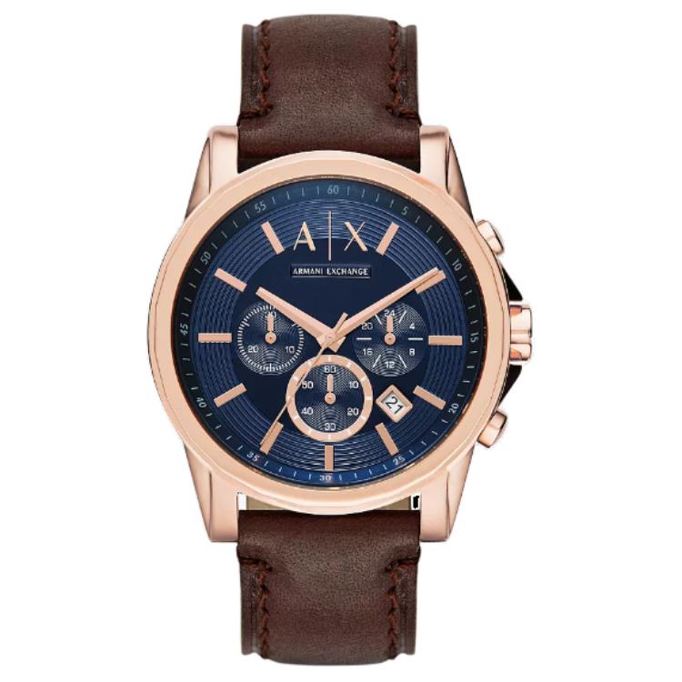 ARMANI EXCHANGE AE Наручные часы Кварцевый механизм Кожаный ремешок 45 мм Синий циферблат Мужские часы Водонепроницаемость 50 м AX2508 Blue beige