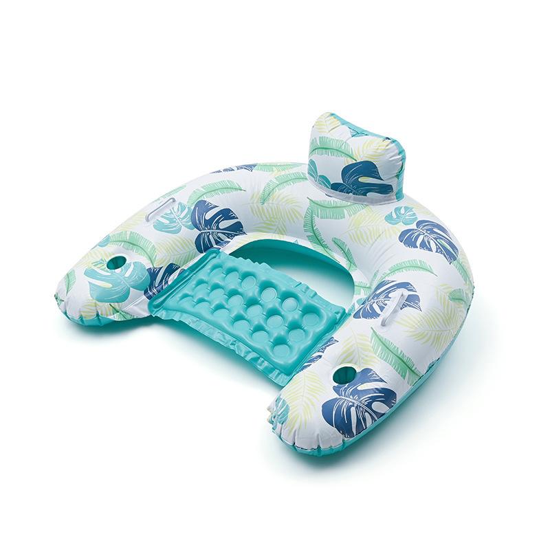Inflatable Pool Chair U Shaped Pool Float Lounge Blue Tropical Leaf Water Chair with Cup Holders 1pc 95x80cm синий Likeit8888