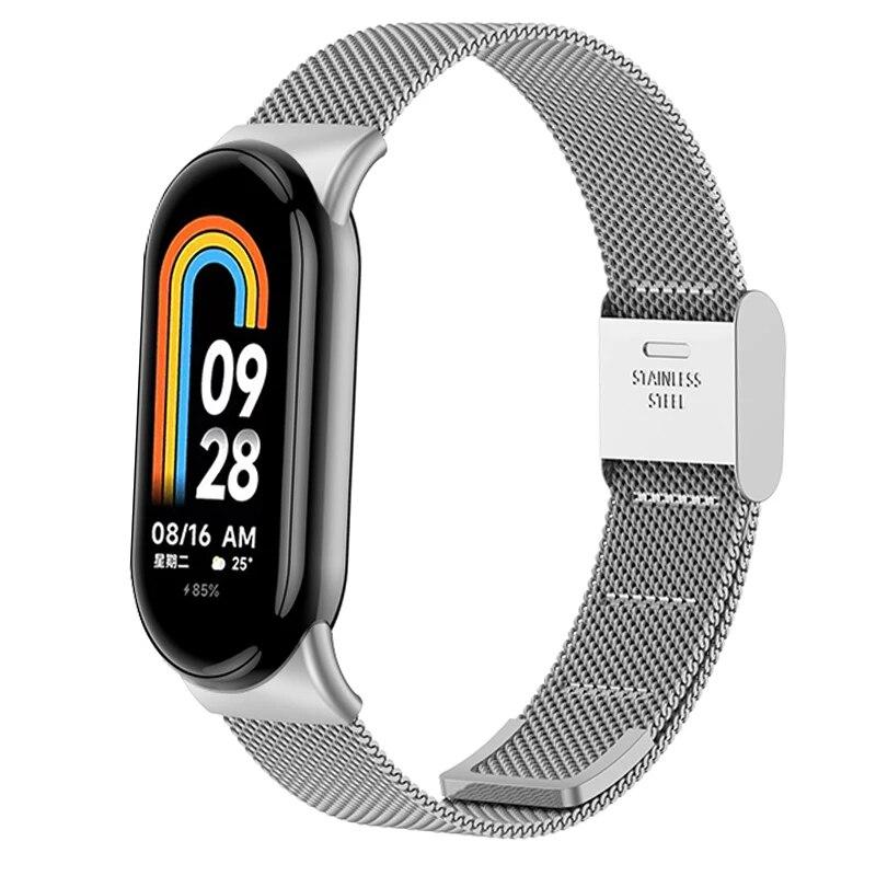 Металлический сетчатый ремешок из нержавеющей стали для Xiaomi Mi Band 8, Сменный браслет, аксессуары, ремешок для часов Miband 8, умные часы for Miband 8 серебряный j-3C