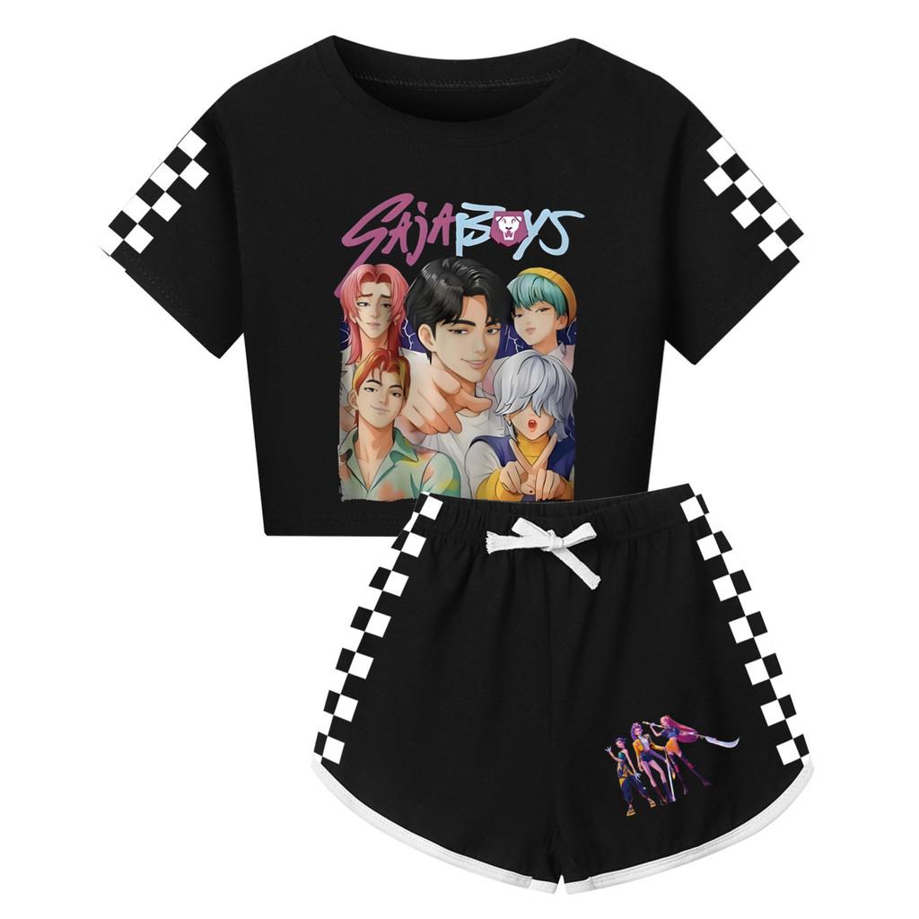 Kpop Охотники на демонов Saja Boys Принт Хлопковый Набор Пижамы Для Детей и Взрослых Короткий Рукав Шорты Одежда для Сна Children140 чёрный PawHaven