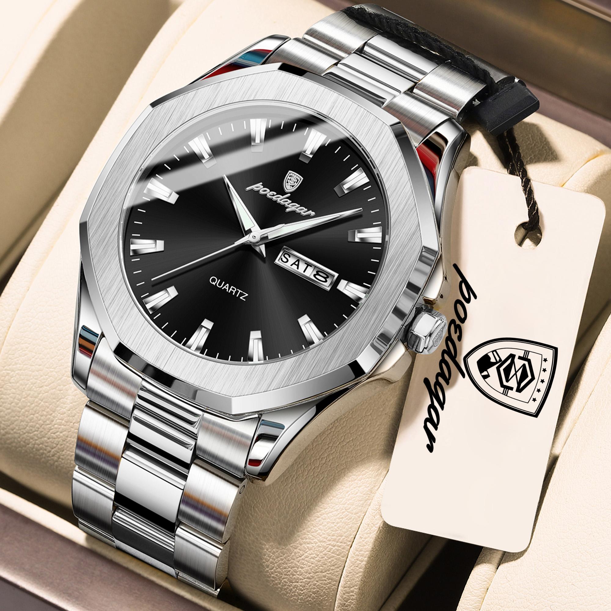 POEDAGAR Luxury Men Wristwatch Waterproof Luminous Week Date Casual Clock Stainless Steel Quartz Fashion Watches Reloj чёрный/серебряный