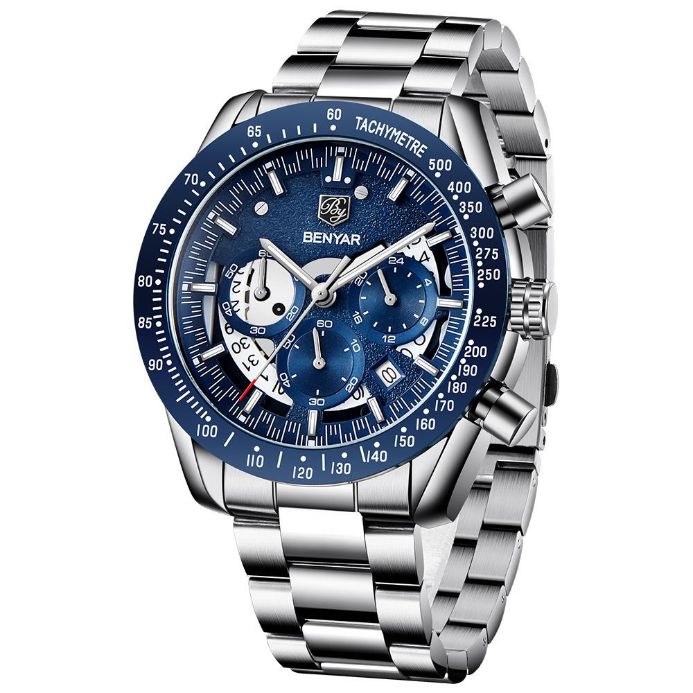 Benyar 5120 Часы Relojes Hombre Новые Мужские Деловые Сплав Повседневные Нержавеющая Сталь Кожаный Ремешок Кварцевые 5120 Наручные Часы Модные Часы Benyar 5120 gray QINGLONG GOODS