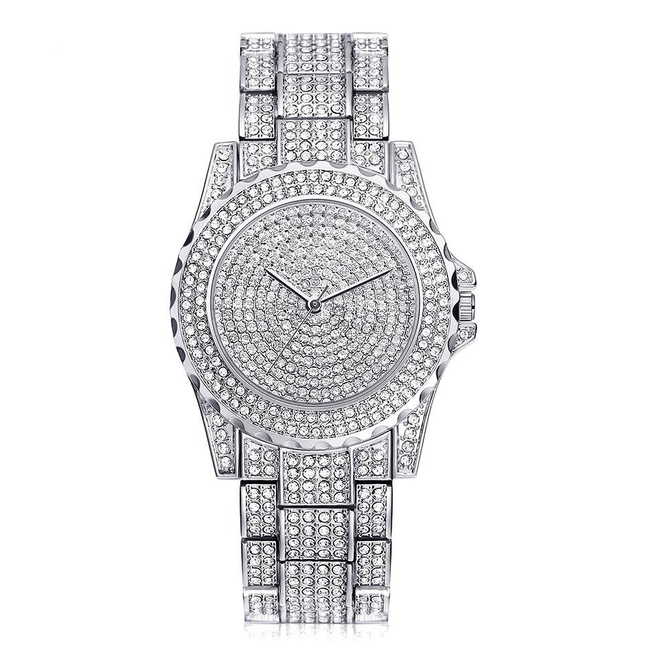 Роскошные женские часы Часы Iced Out с кварцевым кристаллом Стразы Бриллиантовые часы Женские часы из нержавеющей стали Наручные часы Полностью бриллианты white Dai Lanfu