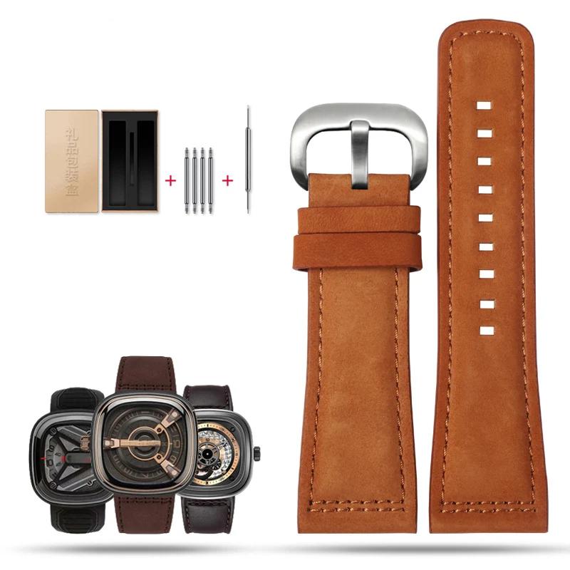 Ремешок для часов из натуральной кожи для SevenFriday, мужской ремешок для часов Q203 M203 P1 P2 S2 M2 Q2 03 01 02, коричневый, синий, воловья кожа, 28 мм 28mm brown Solsticef
