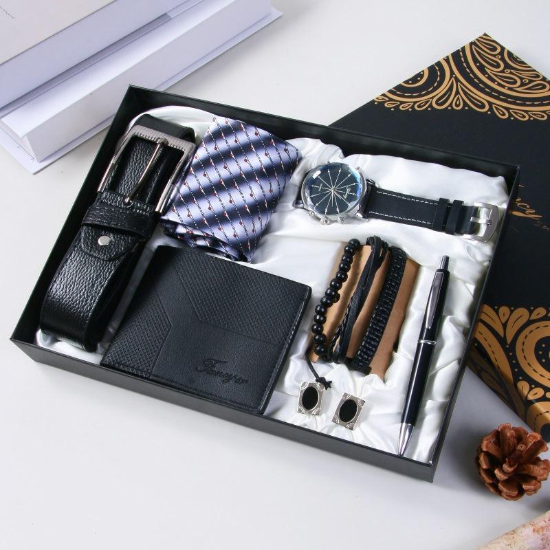 Fancy & Yc M2901 Low MOQ 1PCS Men Business Gifts Set 8-piece Quartz Watch, Belt, Wallet, Tie, Pen, Bracelet, Cuff Link, with Box Fancy & Yc M2901  (with box) gray QINGLONG GOODS