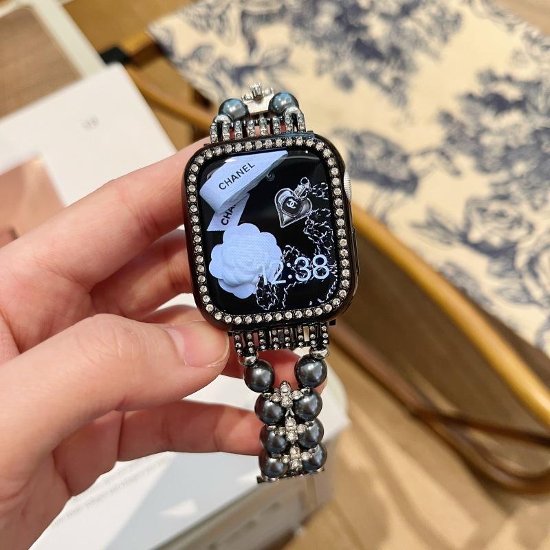 Роскошный металлический ремешок + чехол для Apple Watch Series 9 8 7 6 5 SE 4 38/40/41/42/44/45 мм браслет с бриллиантами и жемчугом для iWatch UItra 2 49 мм 38mm чёрный Happy Super Creative