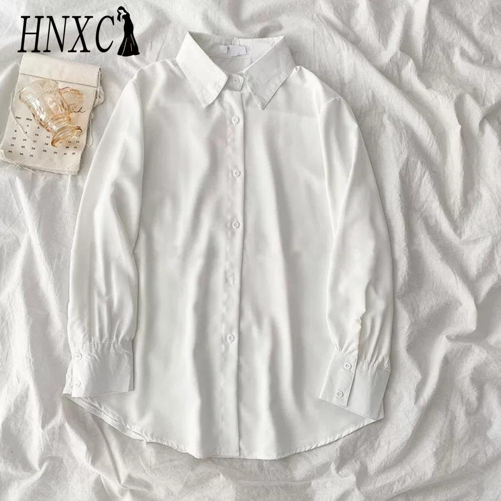 HNXC Женские модные повседневные блузки и рубашки с принтом однотонного цвета, с длинным рукавом и воротником поло M белый HNXC TOP Clothing