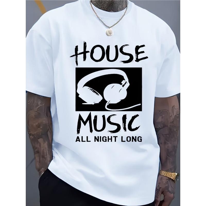 Мужская футболка House Music с принтом наушников и звука - Дышащая летняя повседневная футболка с круглым вырезом и коротким рукавом, подходит для вечеринок, фестивалей S белый ModnoTees