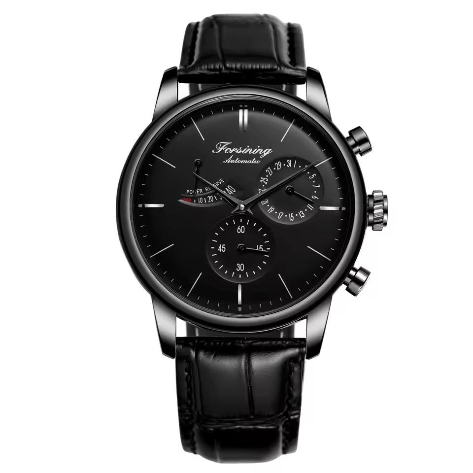 Мужские механические часы FORSINING Нержавеющая сталь Reloj Натуральная кожа Автоматический браслет Оригинальные Водонепроницаемые Мужские часы Люкс чёрный QINGLONG GOODS