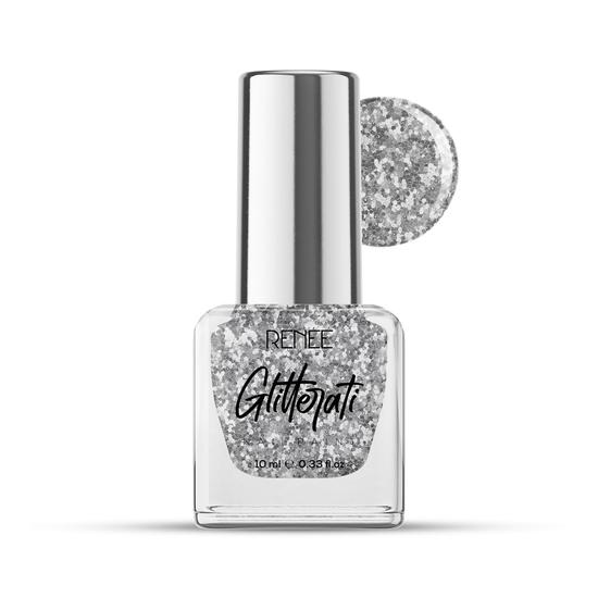 Лак для ногтей RENEE Glitterati - Silver Confetti 10 мл | Быстросохнущая, стойкая, устойчивая к сколам формула с высоким блеском | Не содержит ацетон и парабены gray Vedic India